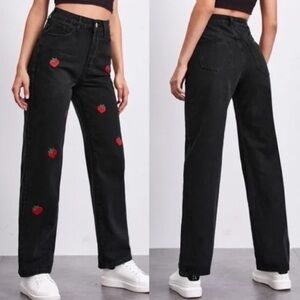 SHEIN black strawberry embroidered jeans